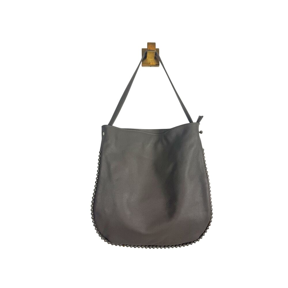 INZI Gray Leather Handbag Silver Tone Bead Trim Shoulder Bag w/ Wallet